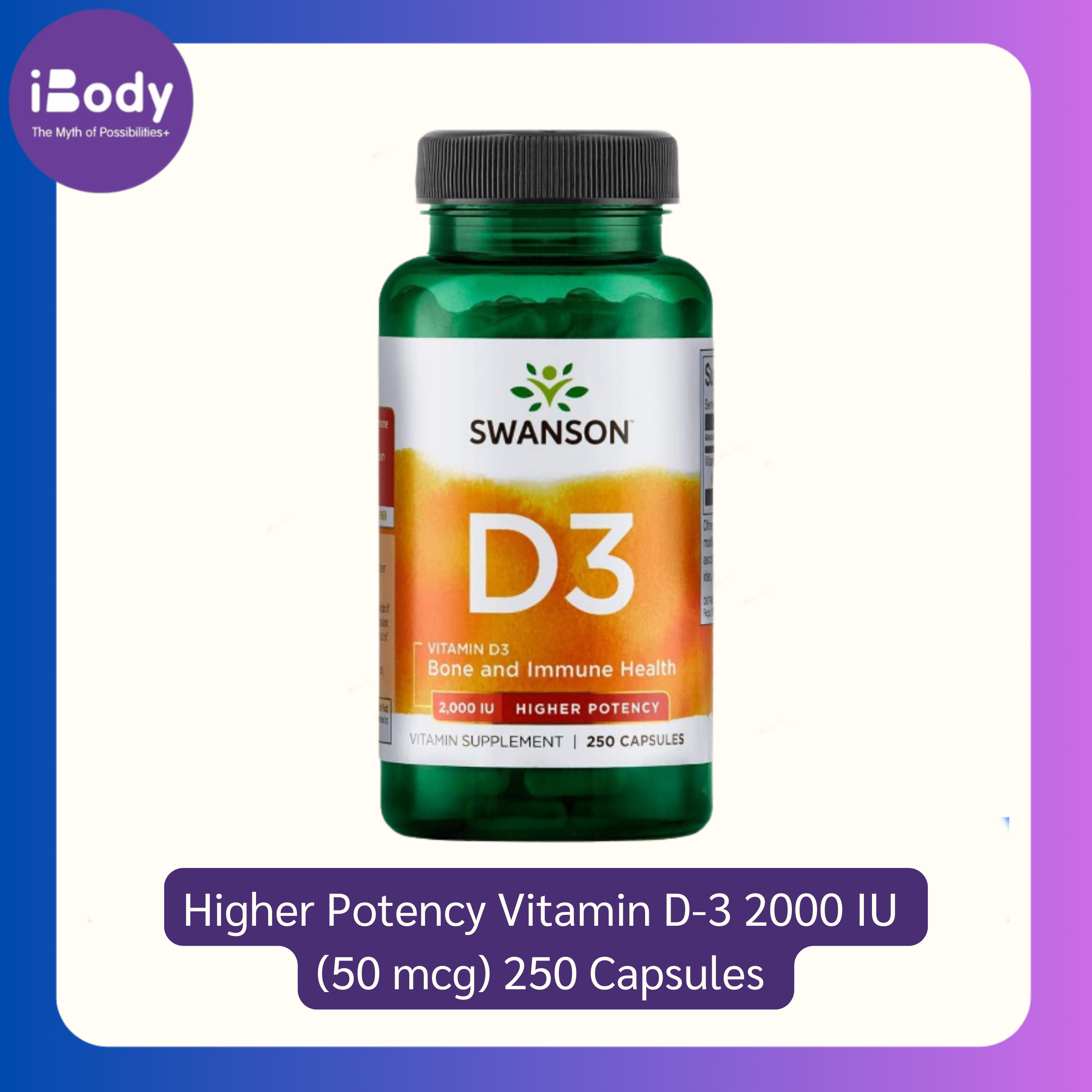 วิตามินดี 3 Higher Potency Vitamin D-3 2000 IU (50 mcg) 250 Capsules (Swanson®) บำรุงกระดูกและข้อ D-3