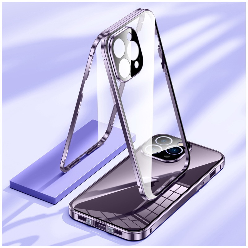 เคส iPhone 14#เคสกระจกขอบโลหะประกบแม่เหล็กหน้าหลังมีป้องกันเลนส์กล้อง Fully Protection Magnetic Adsorption Glass Metal Phone Protective Built-in Camera Protection