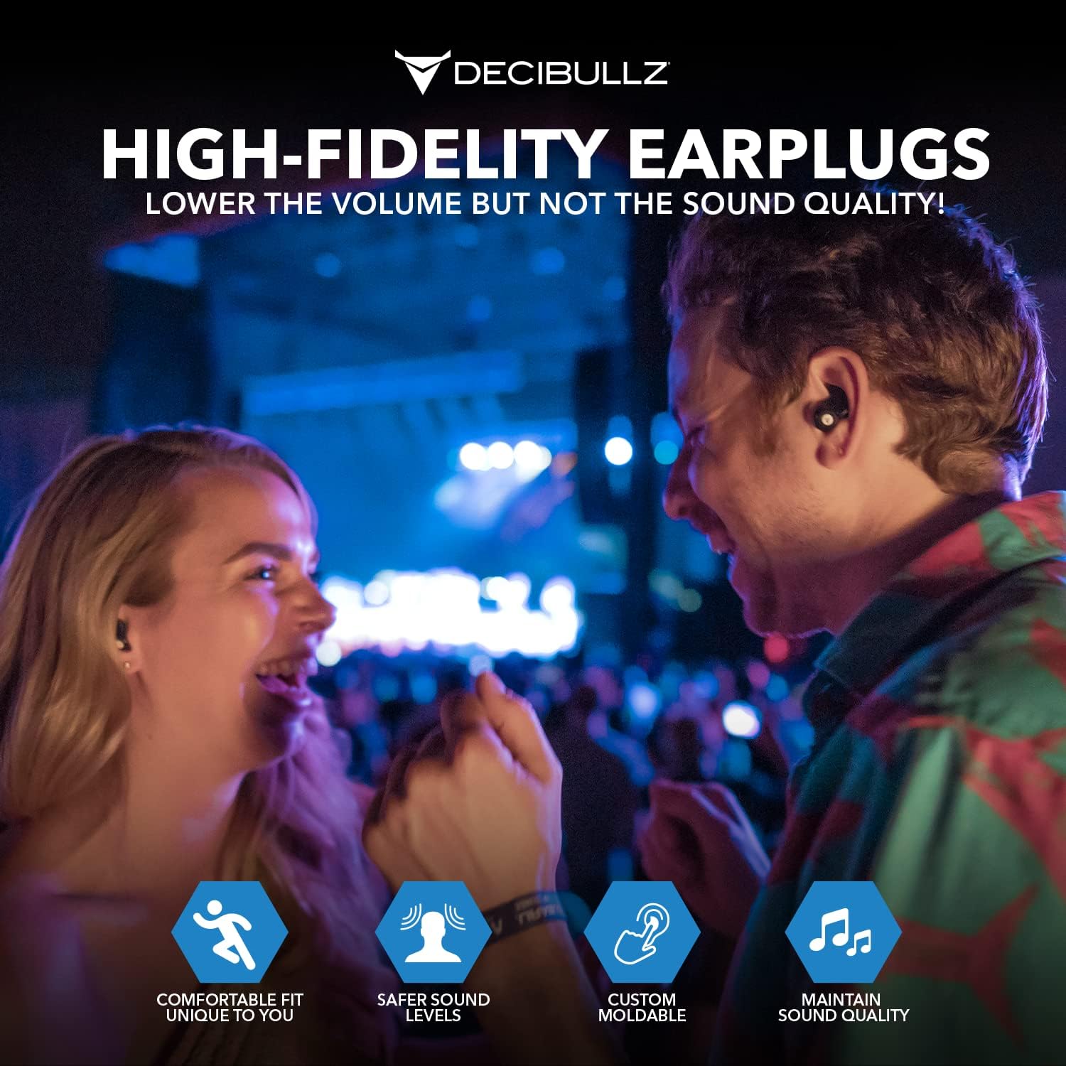 Decibullz® Custom Molded High Fidelity Earplugs ที่อุดหู กันเสียง แบบใช้ซ้ำ สำหรับคอนเสิร์ต นักดนตรี และความไวต่อเสียง