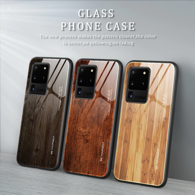 Case Samsung Galaxy S20 Ultra / S20 Ultra 5G #เคสฝาหลังกระจกลายผิวไม้ Case Hard Tempered glass Wood grain protect Back Cover