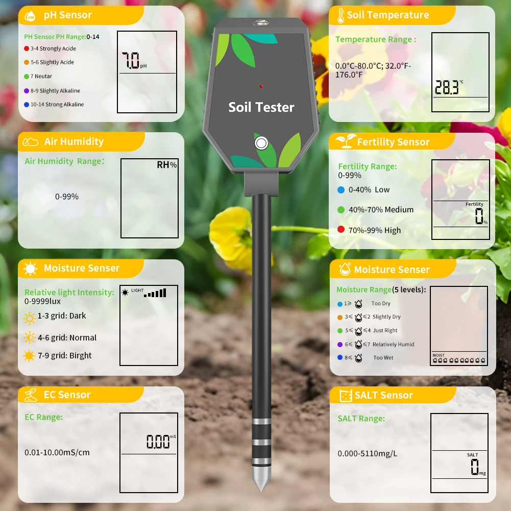 เซ็นเซอร์วัดค่าในดิน 6 IN 1 Multifunction Soil Meter Digital Ph Tester EC/Light/Moisture/Fertility Tester