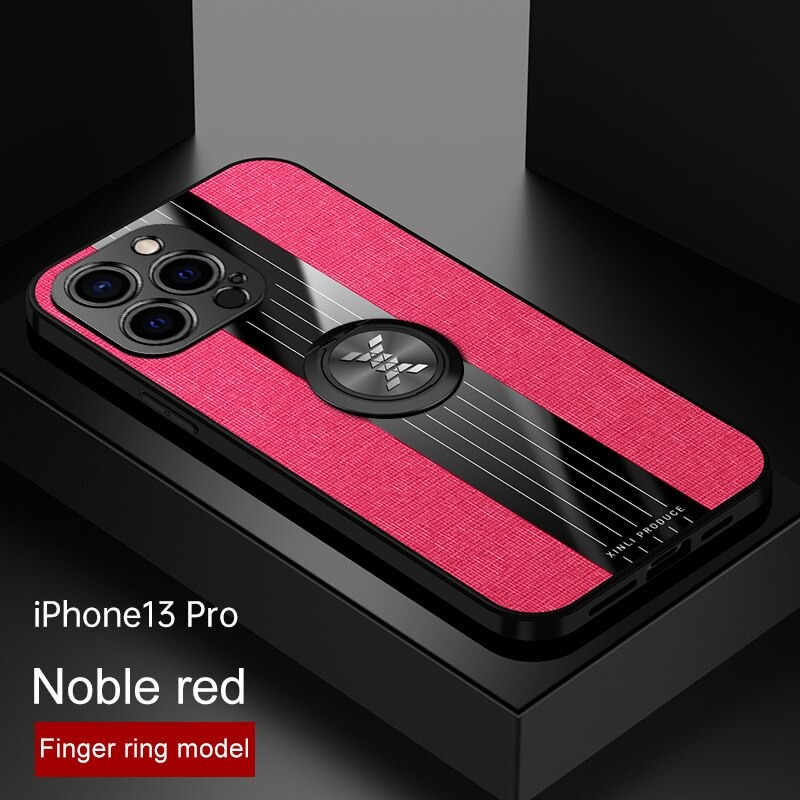 เคส iPhone 13 mini#เคสฝาหลังเคลือบผ้าเนื้อมีแหวนสวมนิ้ว TPU ไฮบริด+อะคริลิ + แหวนโลหะ [ในตัวแผ่นโลหะแม่เหล็ก]