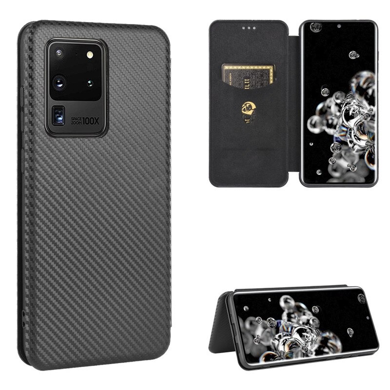 Case Samsung Galaxy S20 Ultra / S20 Ultra 5G#เคสฝาพับลายคาร์บอนไฟเบอร์มีช่องใส่การ์ด Carbon Fiber Wallet Card Slot Magnet Stand Phone Cover