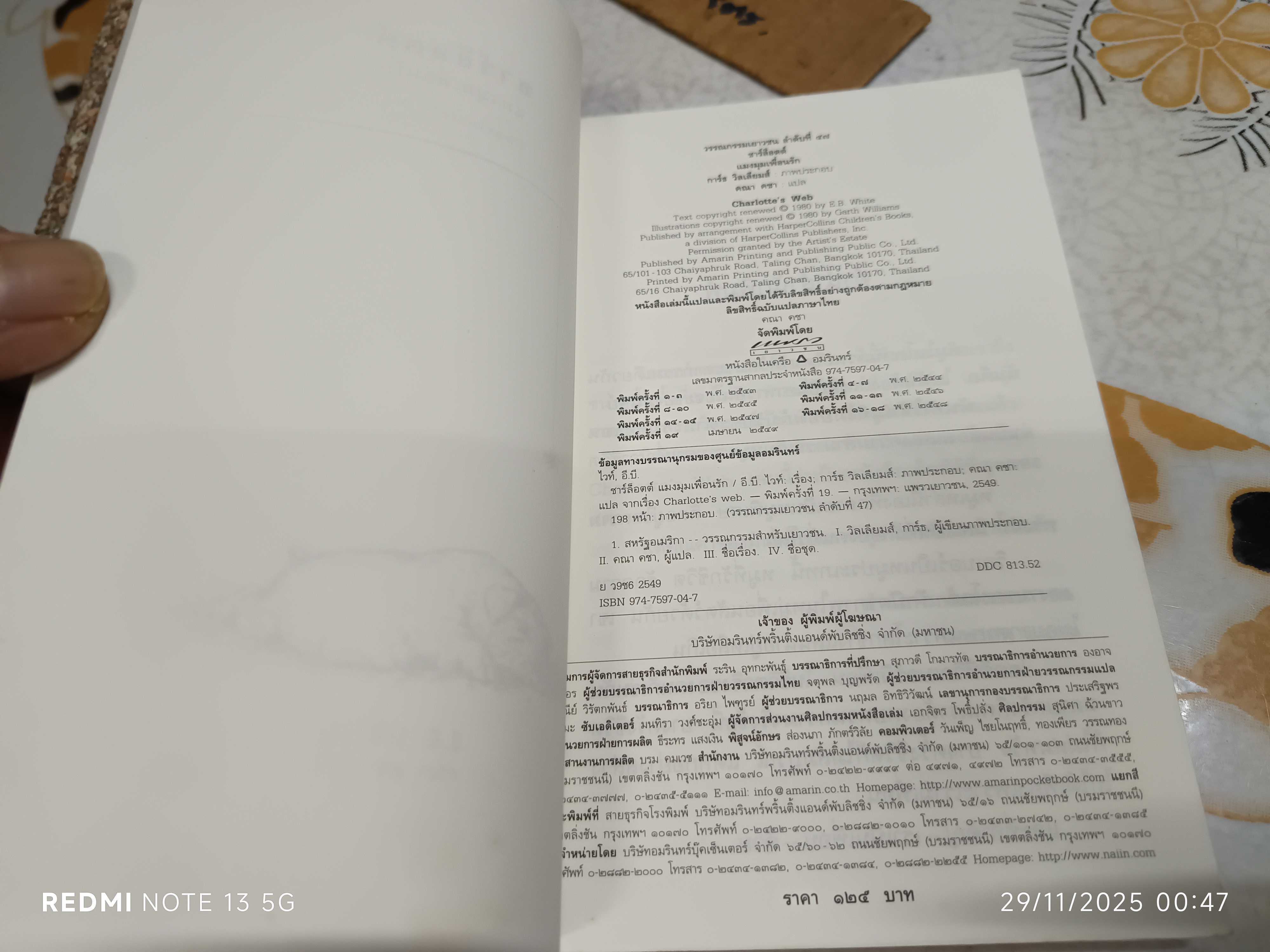 ชาร์ล็อตต์ แมงมุมเพื่อนรัก ผู้เขียน E.B. White (อี. บี. ไวท์) คณา คชา แปล /แพรวเยาวชน พิมพ์ครั้งที่ 19/2543