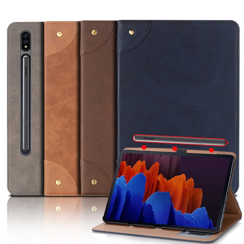 เคส Samsung Galaxy Tab S7 Plus 12.4" SM-T970 SM-T975 SM-T976 #เคสฝาพับหนัง PU ผิวหนังม้าสไตล์ Retro แบบกระเป๋าสตางค์สมาร์ท Crazy Horse Texture Retro PU Leather