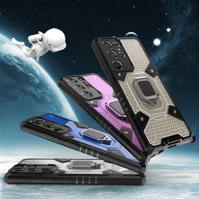 เคส Samsung Galaxy S22 Ultra 5G #เคสฝาหลังกันกระแทกมีแหวนสวมนิ้ว Hybrid Hard PC Soft TPU Bumper Protective Case with 360 Rotation Kickstand