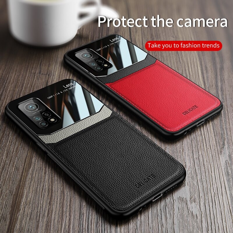 Case Xiaomi Mi 10T Pro #เคสฝาหลังไฮบริด PU +TPU + glass สีทูโทน Shockproof Leather Mirror Glass Silicone Phone Back Cover