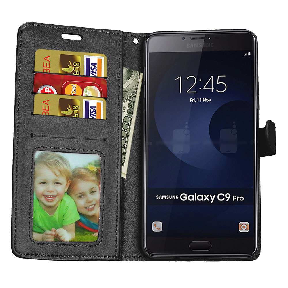 เคส Samsung Galaxy C9 Pro #เคสฝาพับสไตล์กระเป๋าสตางค์ Crazy Horse PU มีช่องใส่บัตร 3 ช่อง #เคสผิวหนังม้า