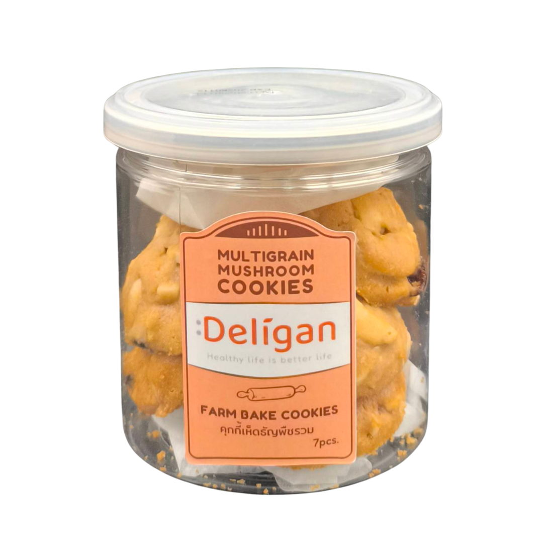 Deligan คุกกี้ธัญพืชผสมเห็ด ยามาบูชิตาเกะ | Multigrain Mushroom Cookies สูตรเนยแท้ 100% 7 ชิ้น / กระปุก