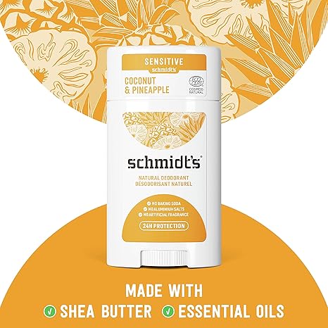 (Pre Order) Schmidt's® Natural Deodorant Sensitive Skin Formula Coconut Pineapple 3.25 oz (92g) ผลิตภัณฑ์ระงับกลิ่นกายจากธรรมชาติ สูตรบำรุงผิวบอบบาง กลิ่นสับปะรดและมะพร้าว