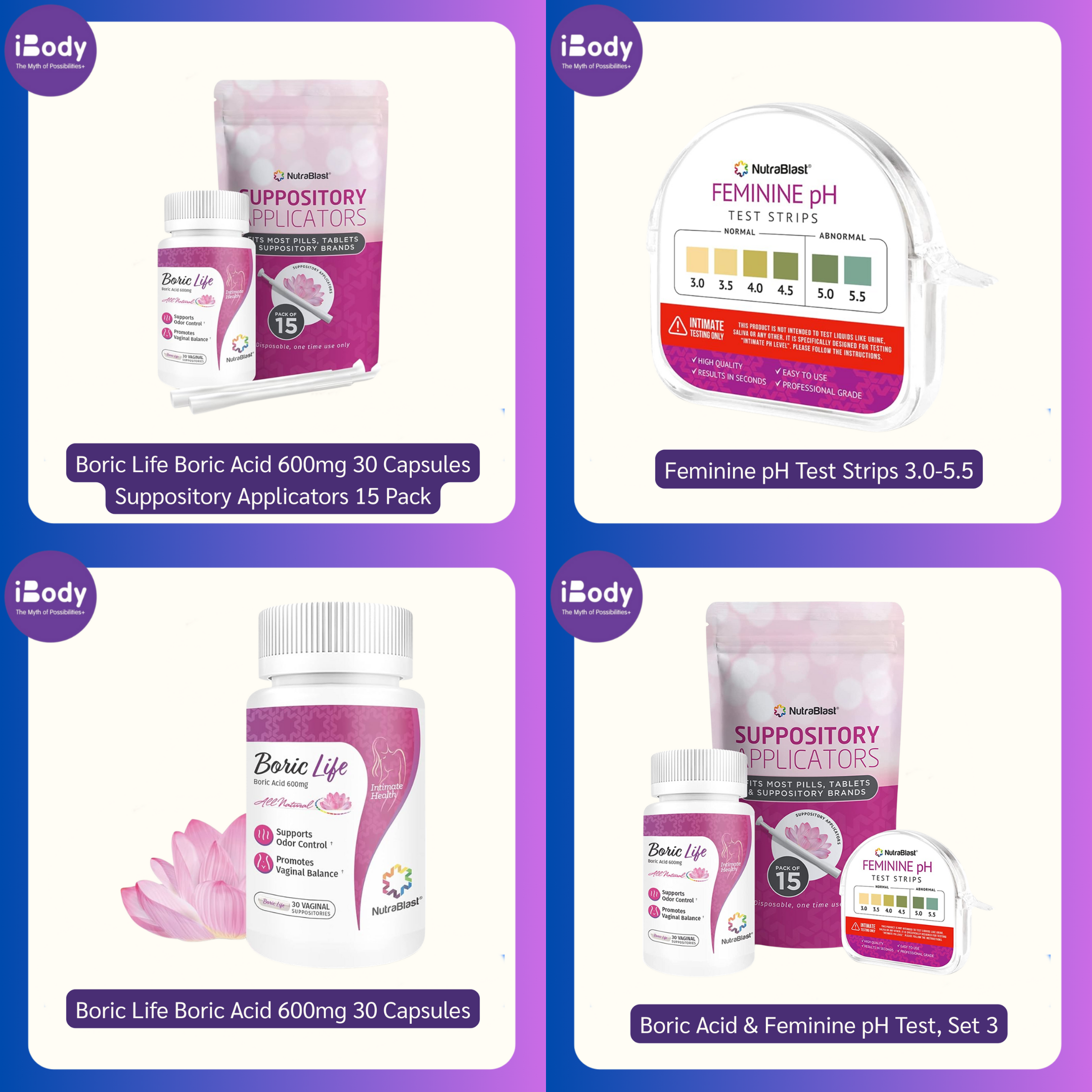 ผลิตภัณฑ์สำหรับช่องคลอด อุปกรณ์สอด, Boric Acid 600 mg Suppository Applicators, Boric Acid & Feminine pH Test (NutraBlast®)