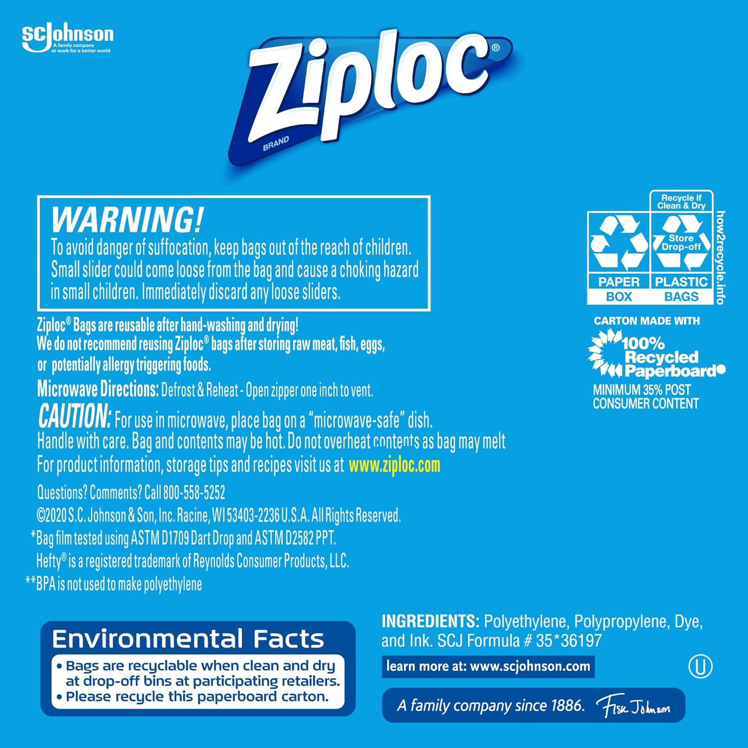 Ziploc® Storage Quart Slider Bags 20, 40, 50, 75 Count ถุงเก็บอาหาร ถุงอเนกประสงค์ Power Shield Technology