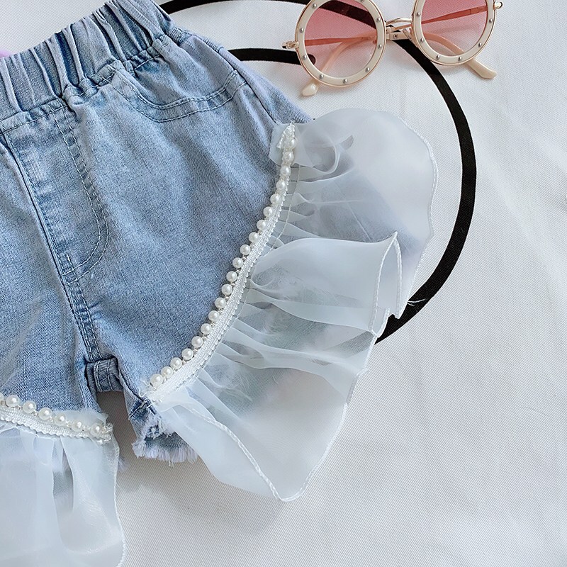 กางเกงเด็กหญิง ยีนส์ระบายประดับมุก