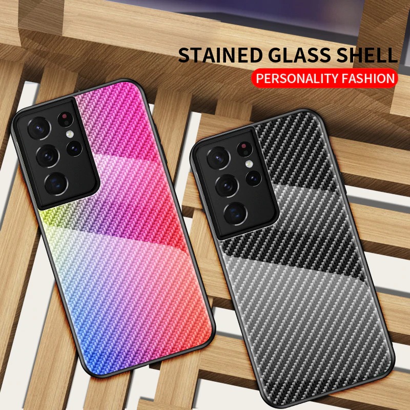 เคส Samsung Galaxy S21 Ultra #เคสฝาหลัง Gradient Color ลายคาร์บอนไฟเบอร์ Carbon fiber texture Glass Hybrid Soft Silicone Cover