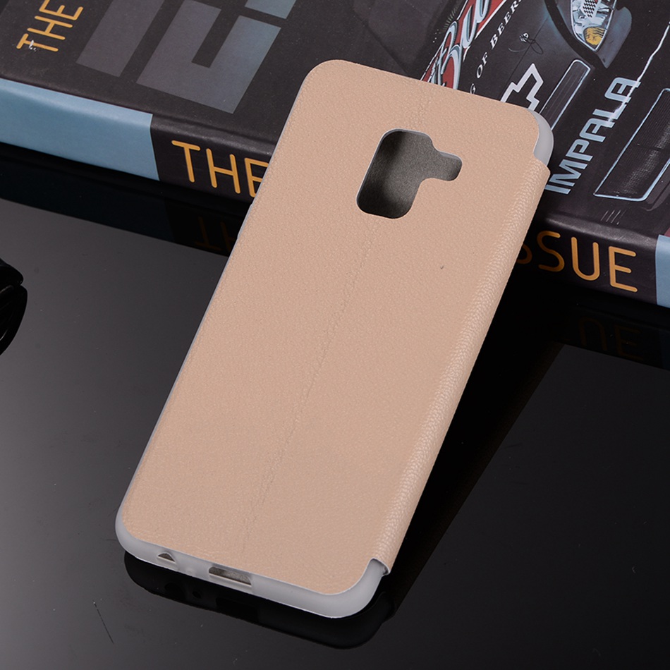 เคส Samsung Galaxy A8 + (2018) #เคสฝาพับผิวหนังลิ้นจี่พร้อมช่องเสียบการ์ดสีสันสวยงามสดใส