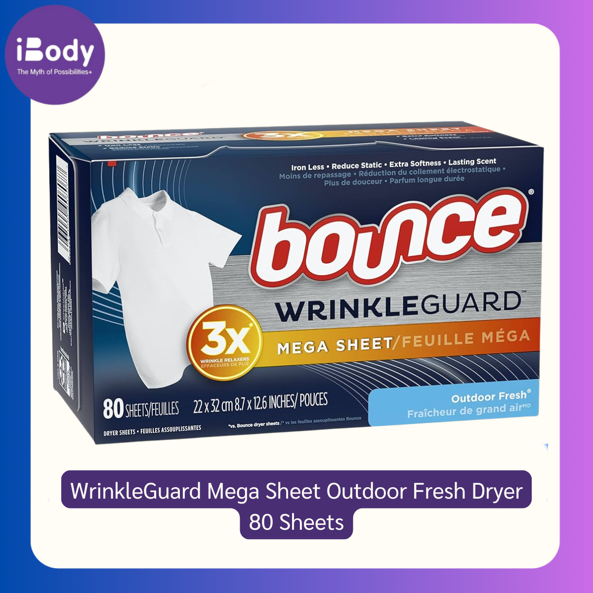 Bounce® WrinkleGuard Mega Sheet Outdoor Fresh Dryer 80 Sheets แผ่นอบผ้า ลดรอยยับ กลิ่นหอมสดชื่น แผ่นใหญ่ขึ้น