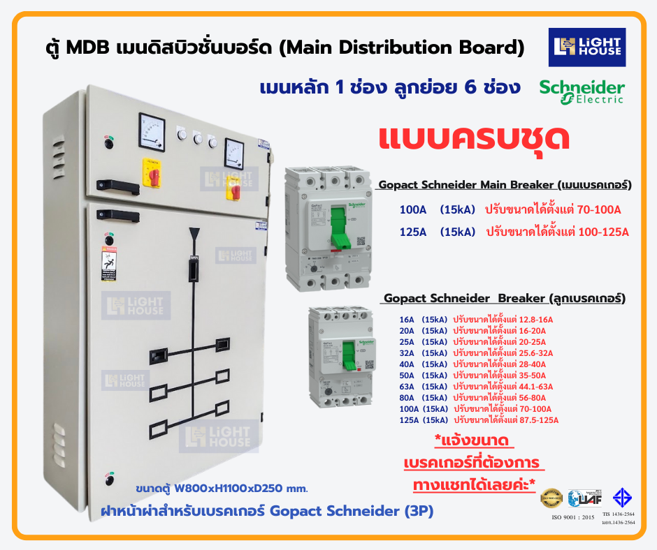 ตู้ MDB เมนดิสบิวชั่นบอร์ด (Main Distribution Board) 6 ลูกย่อย สำหรับเบรกเกอร์ Gopact Schneider MAIN 250A