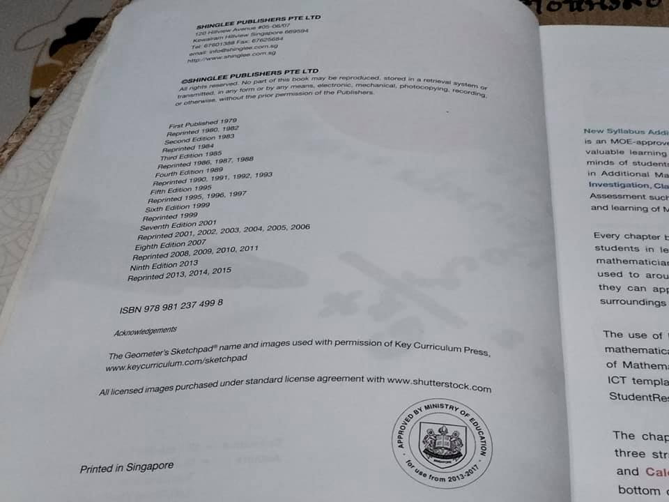New Syllabus ADDITIONAL MATHEMATICS (NSAM) 9th Edition, Shinglee - มือสอง