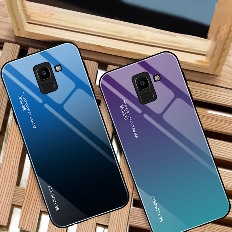 Case Samsung Galaxy A8+ (2018) #เคสฝาหลัง กระจกสีไล่โทนสี Glass + PC + TPU Hybrid Case