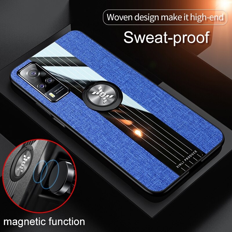 เคส Vivo Y31 2021 #เคสฝาหลังเคลือบผ้าเนื้อมีแหวนสวมนิ้ว TPU ไฮบริด+อะคริลิ + แหวนโลหะ Fashion Woven Cloth Casing Finger Ring Holder Back Case