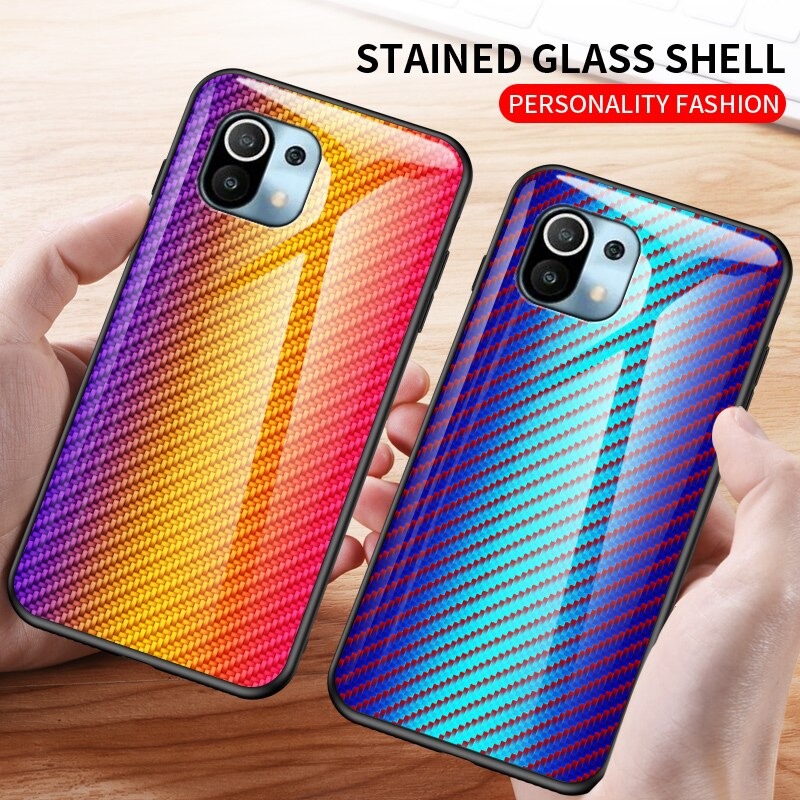 Case Xiaomi Mi 11 #เคสฝาหลัง Gradient Color ลายคาร์บอนไฟเบอร์ Carbon fiber texture Glass Hybrid Soft Silicone Cover