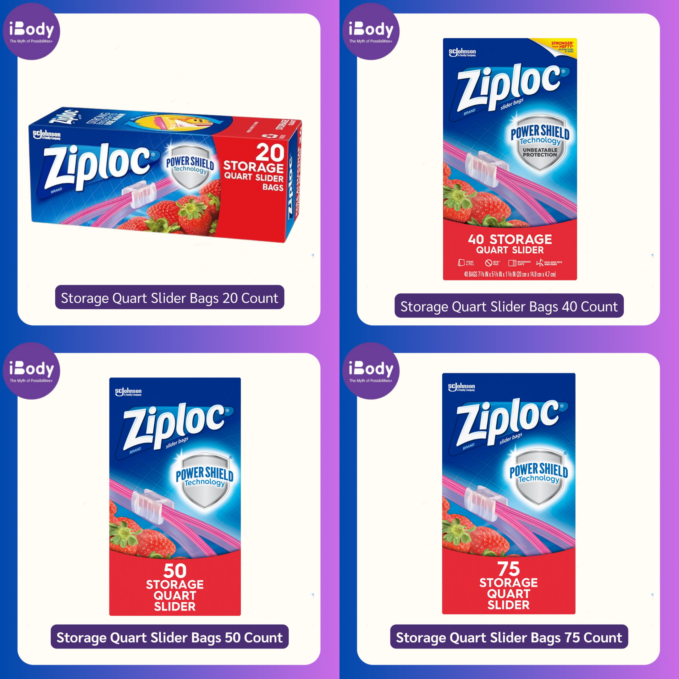 (Ziploc®) Storage Quart Slider Bags 20, 40, 50, 75 Count ถุงเก็บอาหาร ถุงอเนกประสงค์ Power Shield Technology
