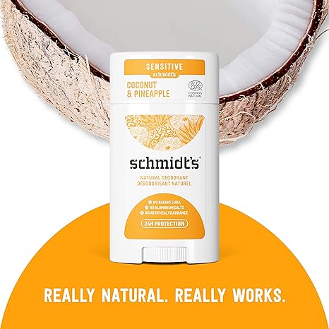 (Pre Order) Schmidt's® Natural Deodorant Sensitive Skin Formula Coconut Pineapple 3.25 oz (92g) ผลิตภัณฑ์ระงับกลิ่นกายจากธรรมชาติ สูตรบำรุงผิวบอบบาง กลิ่นสับปะรดและมะพร้าว