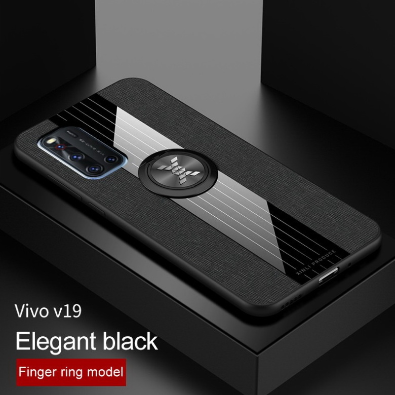 Case Vivo V19 #เคสฝาหลังเคลือบผิวผ้ามีแหวนสวมนิ้ว TPU ไฮบริด+อะคริลิ + แหวนโลหะ
