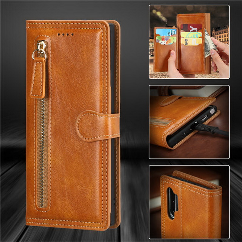 Case Samsung Galaxy Note 10+ #เคสฝาพับแบบกระเป๋าสตางค์ช่องใส่บัตรหลายช่อง Multi-slot Wallet Zippered Leather พร้อมสายคล้อง