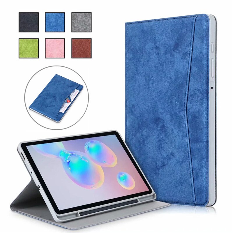 Case Samsung Galaxy Tab S6 Lite 10.4 SM-P610 P615 P617 #เคสฝาพับหนัง PU ลายผิวผ้ามีช่องใส่ปากกา with Pencil Holder Stand Business Card Slot Cover
