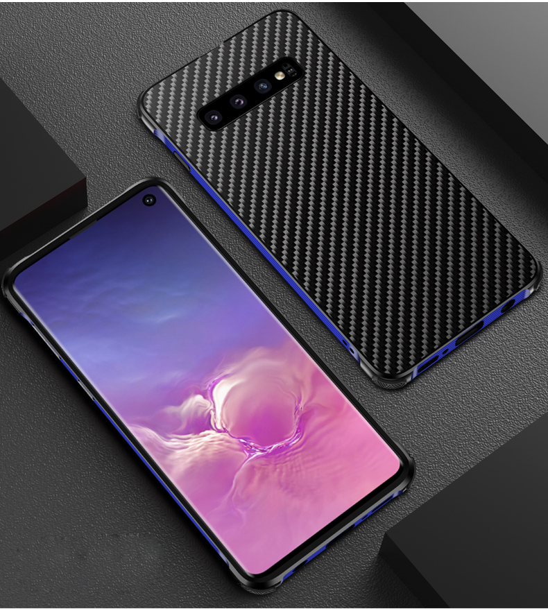 เคส Samsung Galaxy S10 ขอบกันชนอลูมิเนียมอัลลอยด์ชุบ + #เคสฝาหลังพลาสติกลายคาร์บอนไฟเบอร์ Electroplated Aluminum Alloy Bumper + Carbon Fiber PC Back Panel Slide-on
