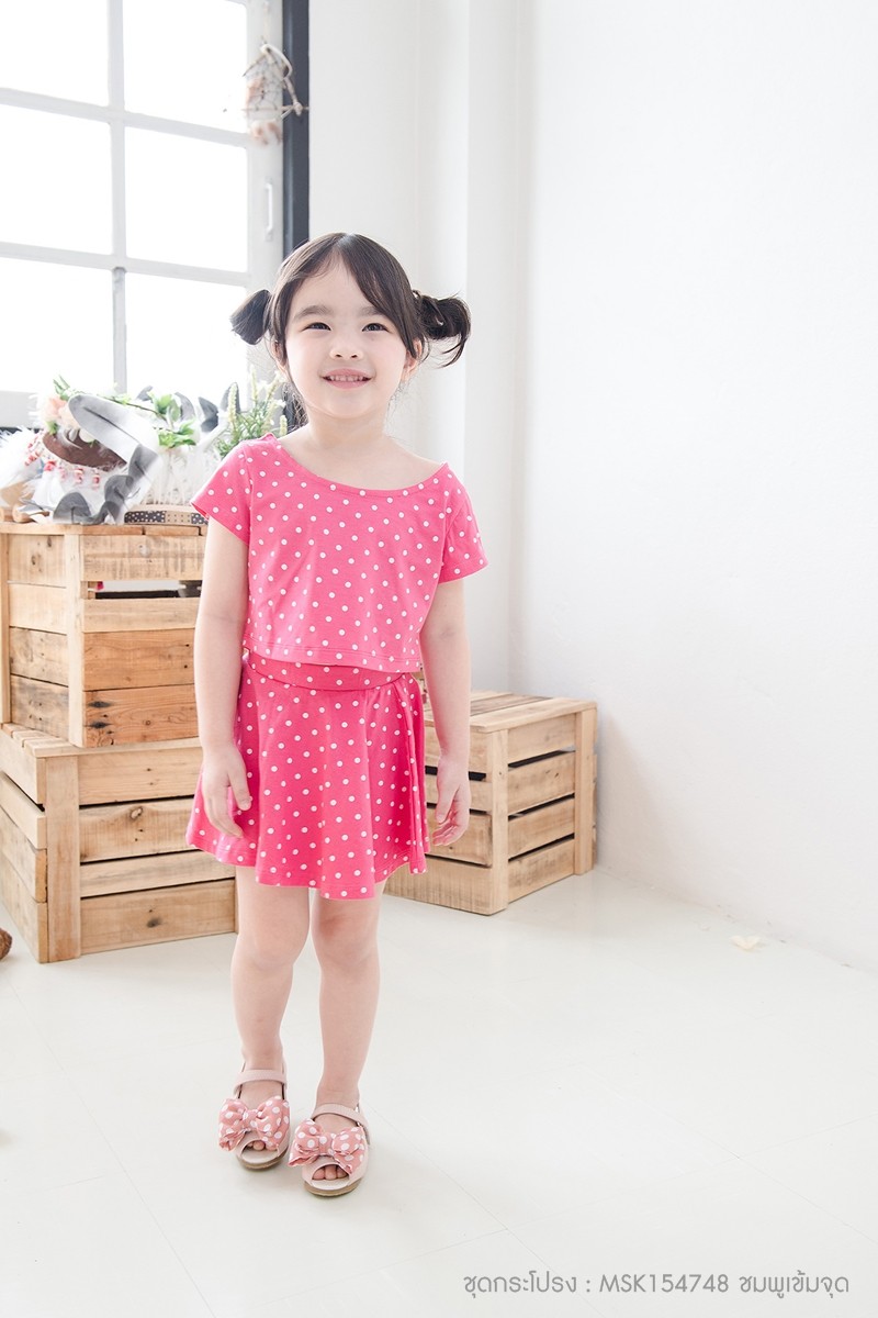 ชุดกระโปรงเด็กผู้หญิง สีชมพูเข้ม ลายจุดขาว