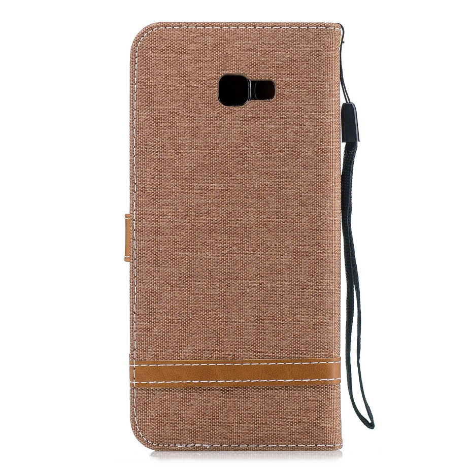 Case Samsung Galaxy J4+ #เคสฝาพับหนัง PU พร้อมสายคล้องมือ สีสันสดใส Splicing Jean Cloth PU Leather