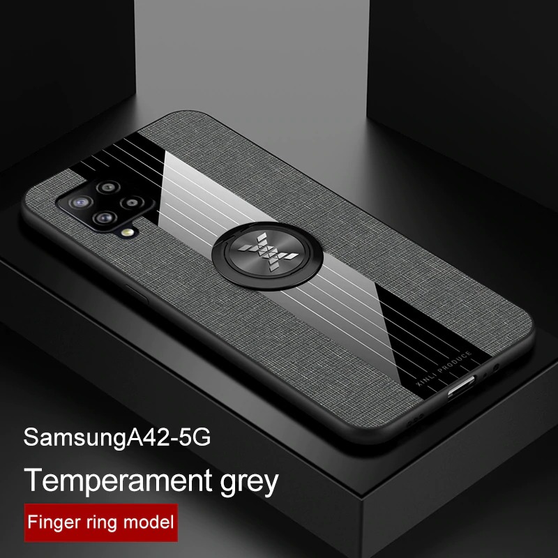 เคส Samsung Galaxy A42 5G #เคสฝาหลังเคลือบผ้าเนื้อมีแหวนสวมนิ้ว TPU ไฮบริด+อะคริลิ + แหวนโลหะ