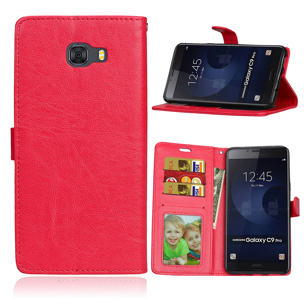 เคส Samsung Galaxy C9 Pro #เคสฝาพับสไตล์กระเป๋าสตางค์ Crazy Horse PU มีช่องใส่บัตร 3 ช่อง #เคสผิวหนังม้า
