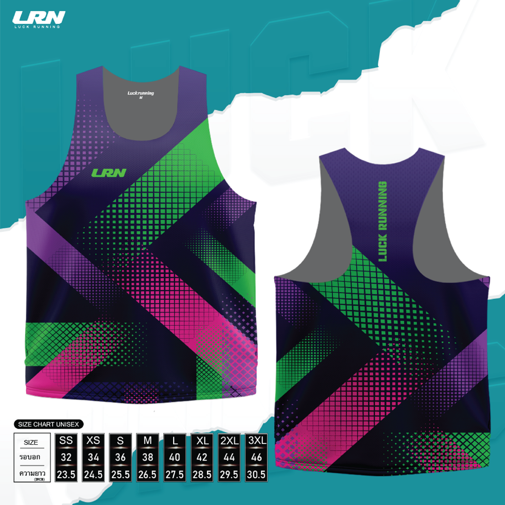 เสื้อวิ่งพิมพ์ลาย LRN Collection 02 เนื้อผ้า Micro Mesh สำหรับวิ่งมาราธอน (MM04)-พื้นม่วงลายเขียว