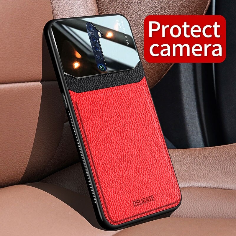 เคส Oppo Reno 2 #เคสฝาหลังไฮบริด PU +TPU + glass สีทูโทน Shockproof Leather Mirror Glass Silicone Phone Back Cover