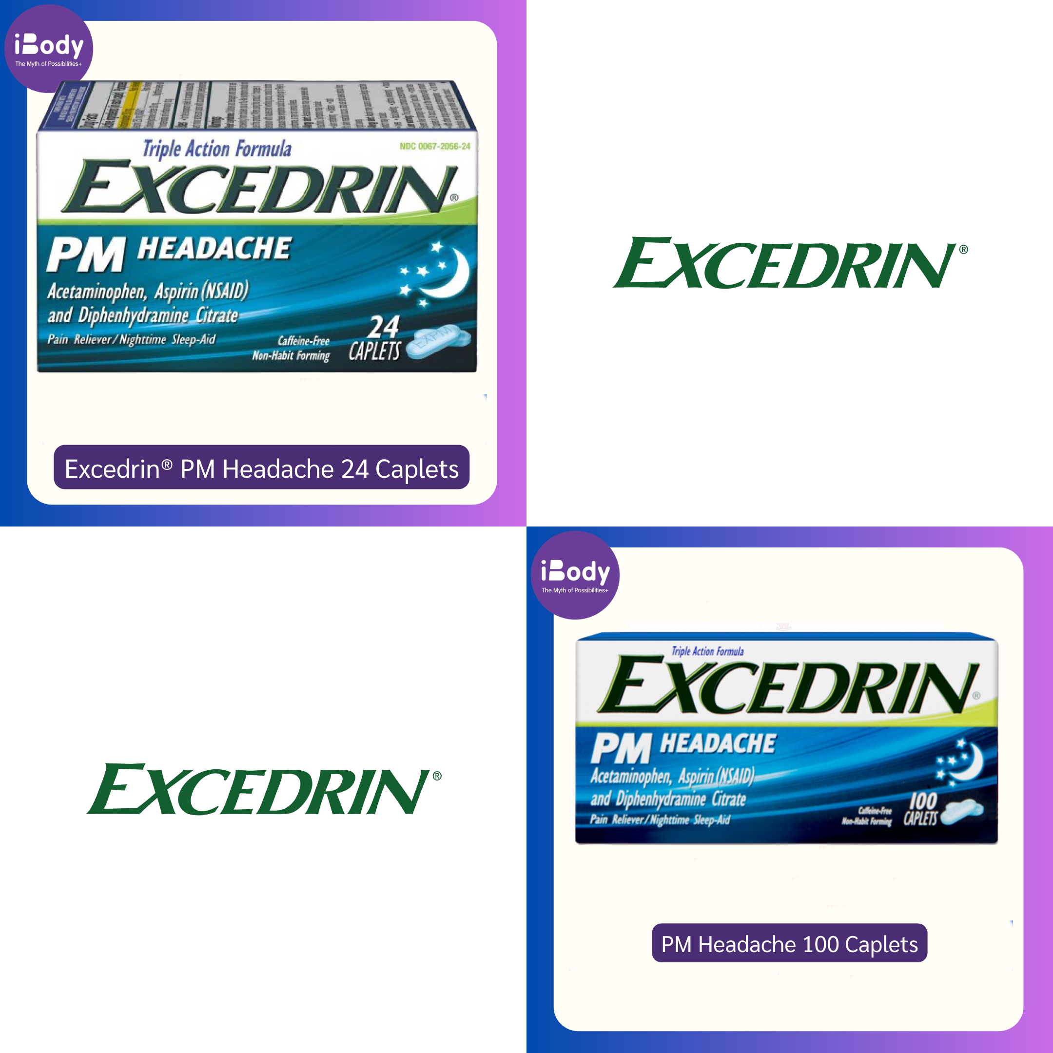 60%-80% Sale!!! EXP04,05,08/2025 Excedrin® PM Headache 24 /or 100 Caplets บรรเทาอาการปวดหัวตอนกลางคืน ปราศจากคาเฟอิน