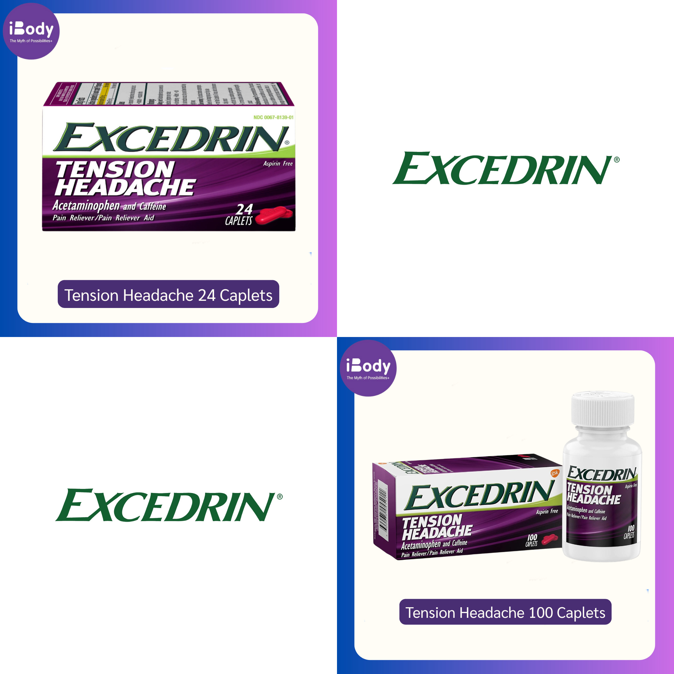 Excedrin Tension Headache 24 /or 100 Caplets สีม่วง ปวดหัวไมเกรน ปวดศรีษะ บรรเทาอาการปวดเมื่อยกล้ามเนื้อ