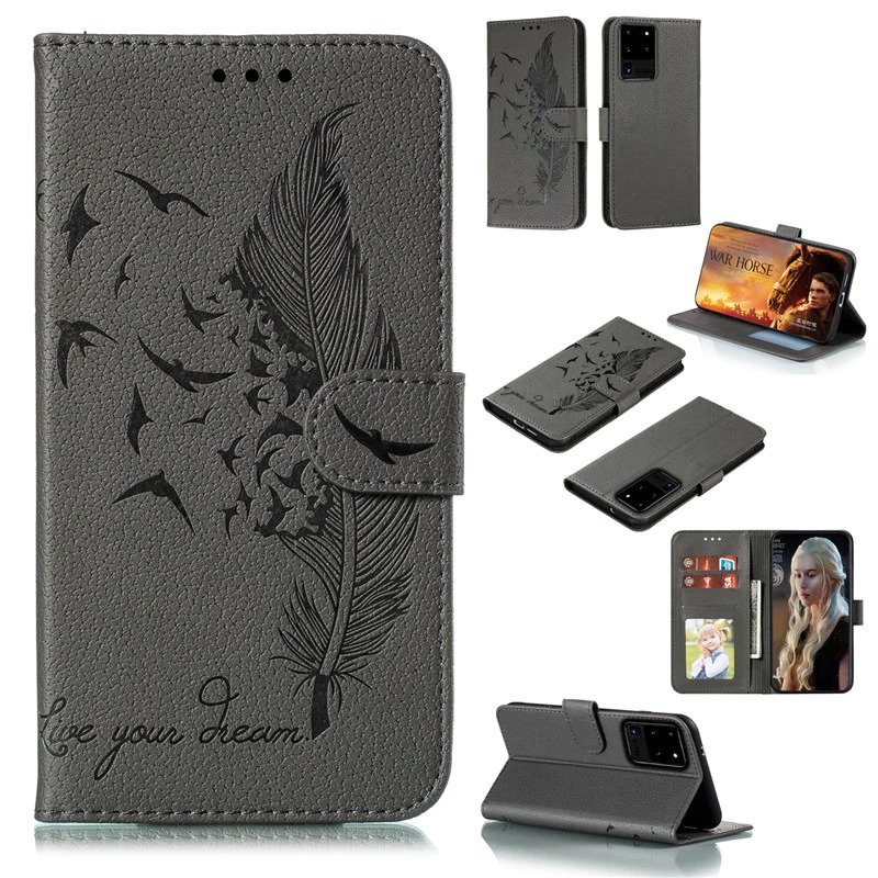 เคส Samsung Galaxy S20 Ultra / S20 Ultra 5G #เคสฝาพับแบบกระเป๋าสตางค์หนัง PU พิมพ์ลายขนนก
