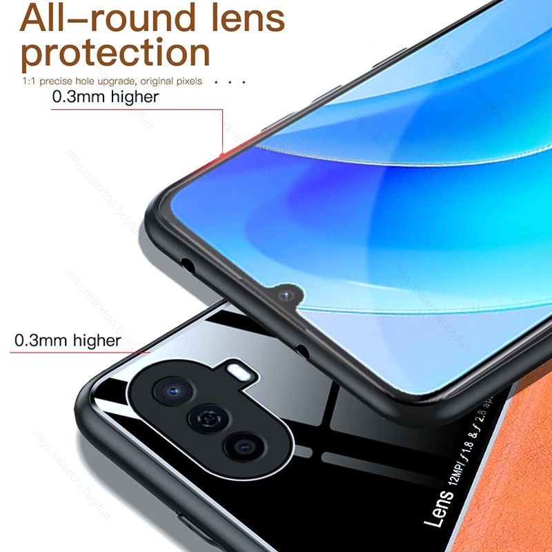 เคส Huawei Nova Y70 #เคสฝาหลังไฮบริด PU +TPU + glass สีทูโทน Shockproof Leather Mirror Glass Silicone Phone Back Cover