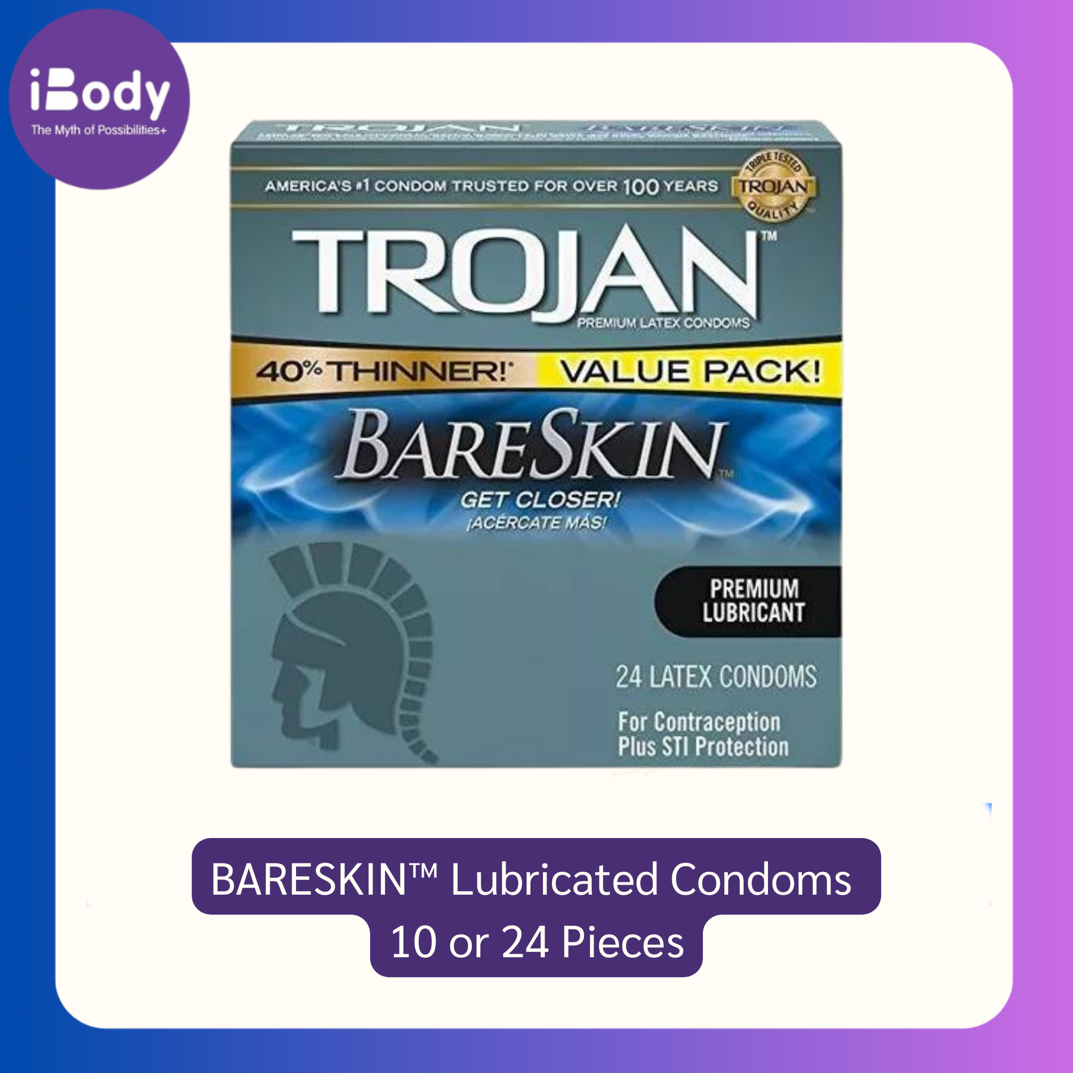 TROJAN® BARESKIN™ Lubricated Condoms 10 or 24 Pieces โทรจัน ถุงยางอนามัย รุ่นบางเฉียบ คอนดอม USA