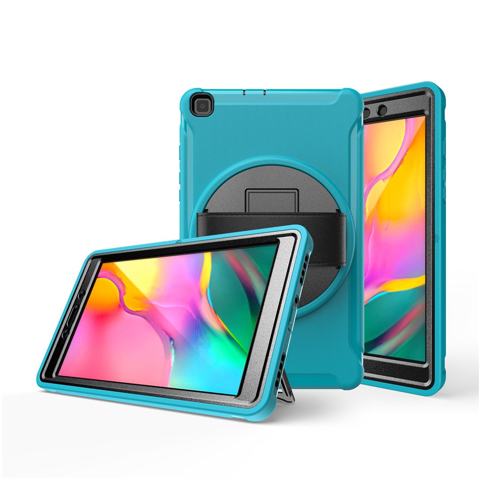 เคส Samsung Galaxy Tab A 8.0 (2019) SM-T290 SM-T295 SM-T297 #เคสฝาหลังพลาสติกมีขาตั้งหมุนได้ 360° Swivel Kickstand PC + TPU Tablet Combo Shell with Hand Strap มีสายรัดมือ