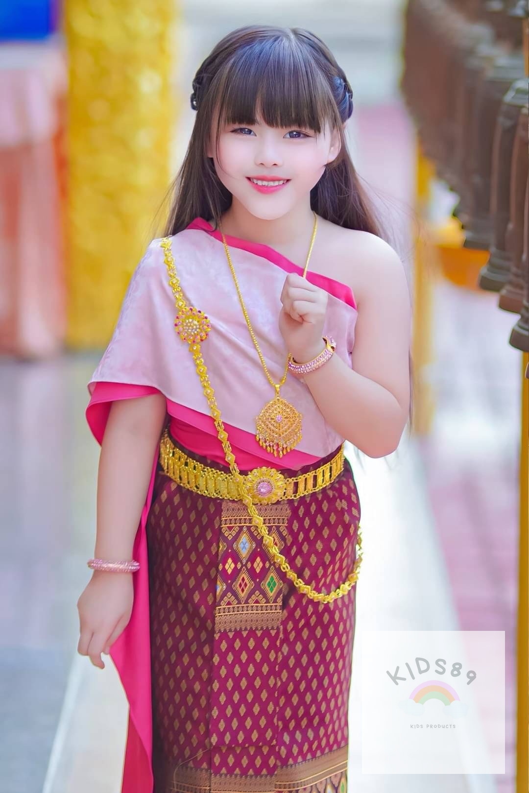 ชุดไทยเด็กหญิง สไบ2ชั้นทูโทนกับผ้าถุง