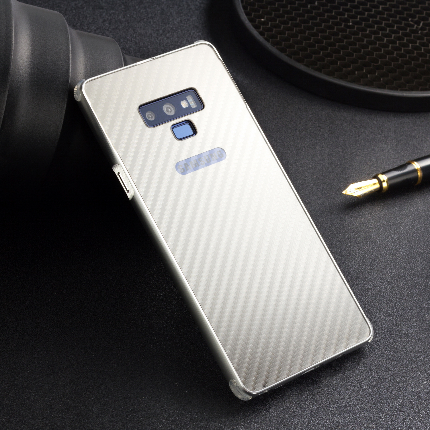 Case Samsung Galaxy Note 9 N960 #เคสฝาหลังกรอบโลหะ Electroplated + ฝาหลังพลาสติกผิวคาร์บอนไฟเบอร์