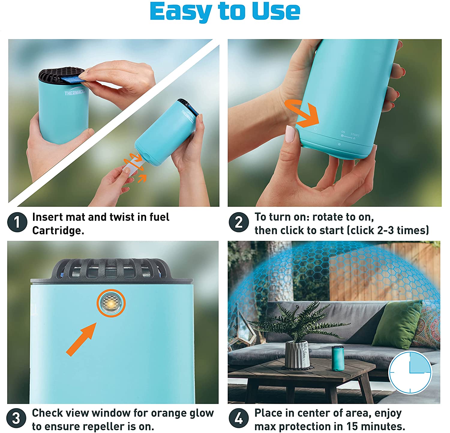 THERMACELL® PATIO SHIELD Mosquito Protection 15ft Zone Scent Free Repels Mosquitoes Without Spray, Glacial Blue Model. MRPSB เทอมาเซล เครื่องไล่ยุง และแมลง แบบพกพา ไร้กลิ่น ไร้ควัน