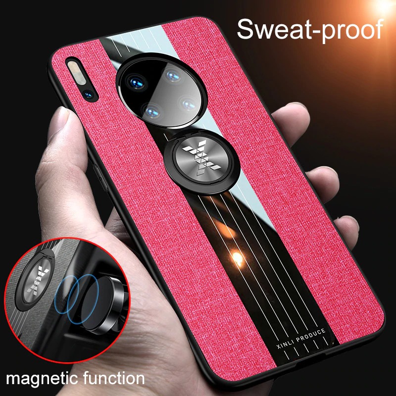 Case Huawei Mate 30 Pro #เคสฝาหลังเคลือบผ้าเนื้อมีแหวนสวมนิ้ว TPU ไฮบริด+อะคริลิ + แหวนโลหะ