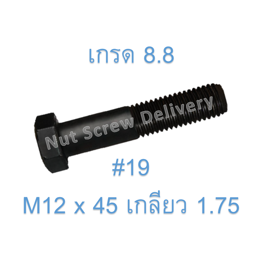 สกรูหัวเหลี่ยมมิลดำ M12 x 45 (เกลียว 1.75) ขอบ #19 เกรด 8.8