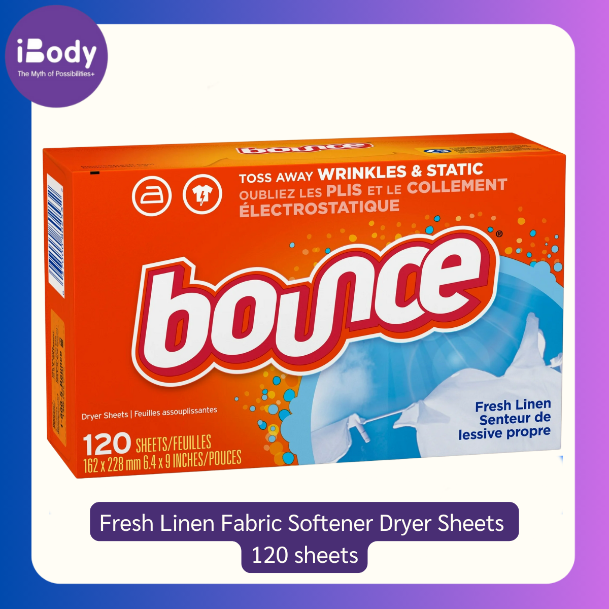 Bounce® Fresh Linen Fabric Softener Dryer Sheets 120 sheets แผ่นอบผ้า ลดรอยยับ กลิ่นหอมสดชื่น