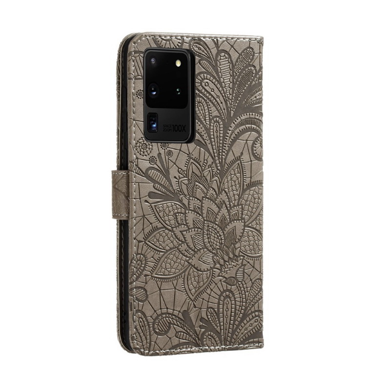 เคส Samsung Galaxy Note 20 Ultra / Note 20 Ultra 5G #เคสฝาพับแบบกระเป๋าสตางค์หนัง PU พิมพ์ลายดอกไม้ลูกไม้ Imprint Lace Flower